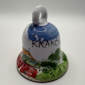 Hand Painted Krakow Poland Ceramic Souvenir Bell Colorful Folk Art Handcrafted